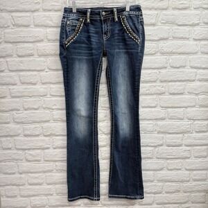 Miss Me Signature Boot Cut Blue Jeans Embellished Bling Studded Embroidered 27"